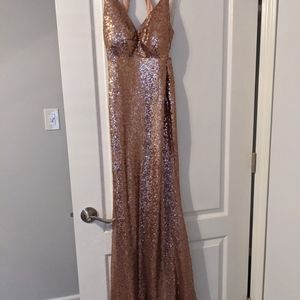 Long rose gold sequin dress